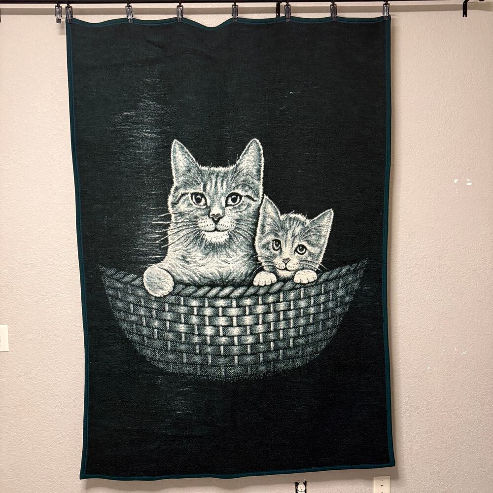 Vtg 90s Biederlack cats in a basket blanket - green & white country cottage core